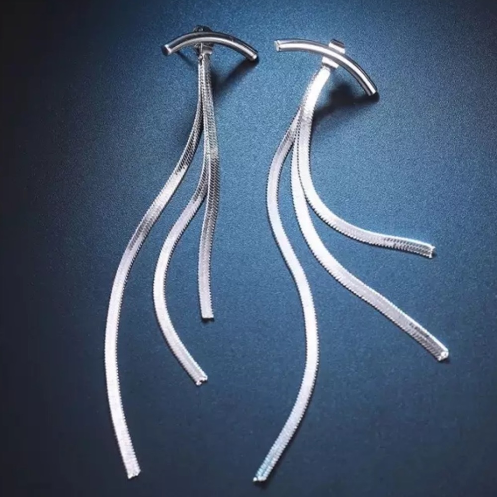 STERLING SILVER TASSEL BAR LONG ARC EARRINGS - Picture 2 of 3